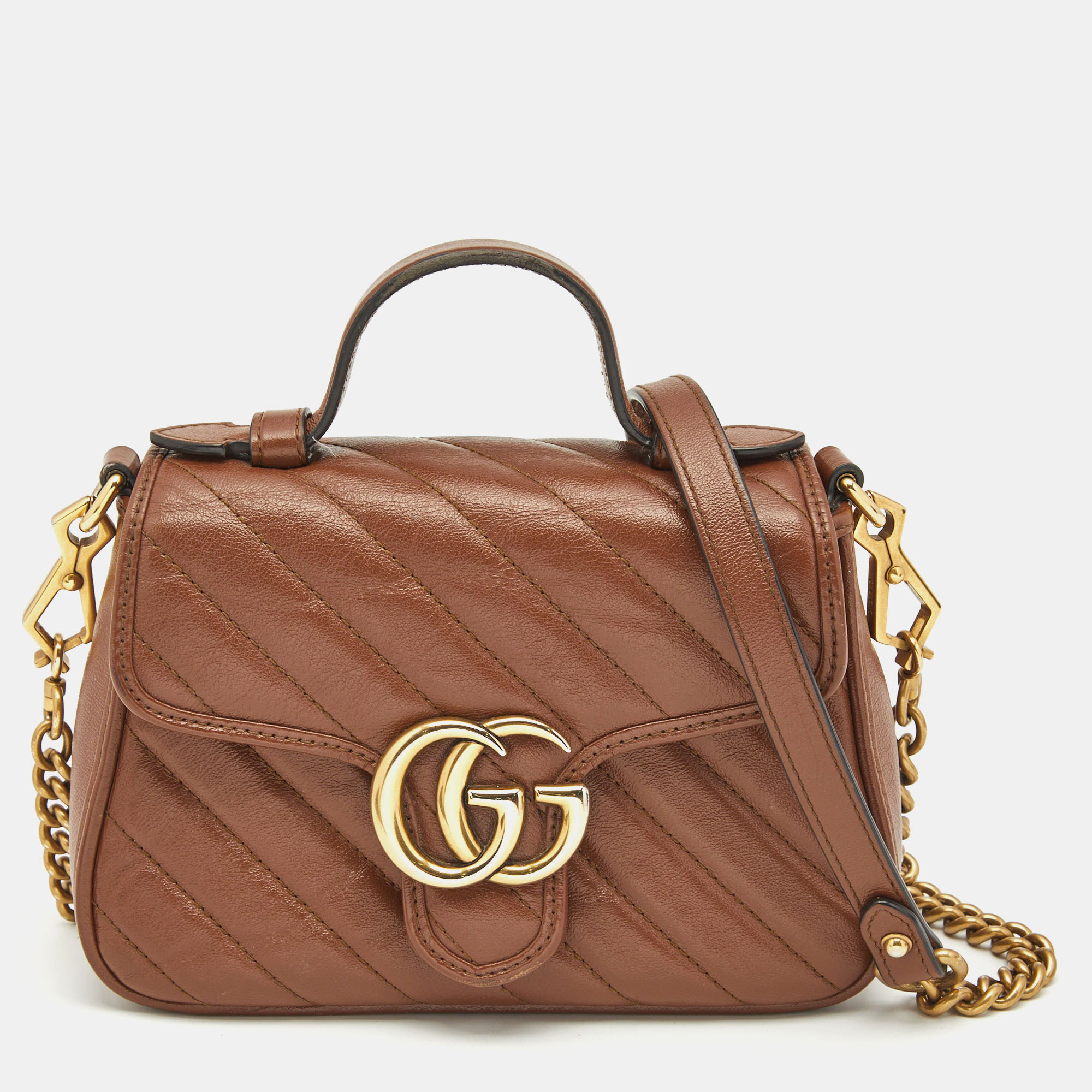 Gucci Brown Matelasse Leather Mini GG Marmont Top Handle Bag