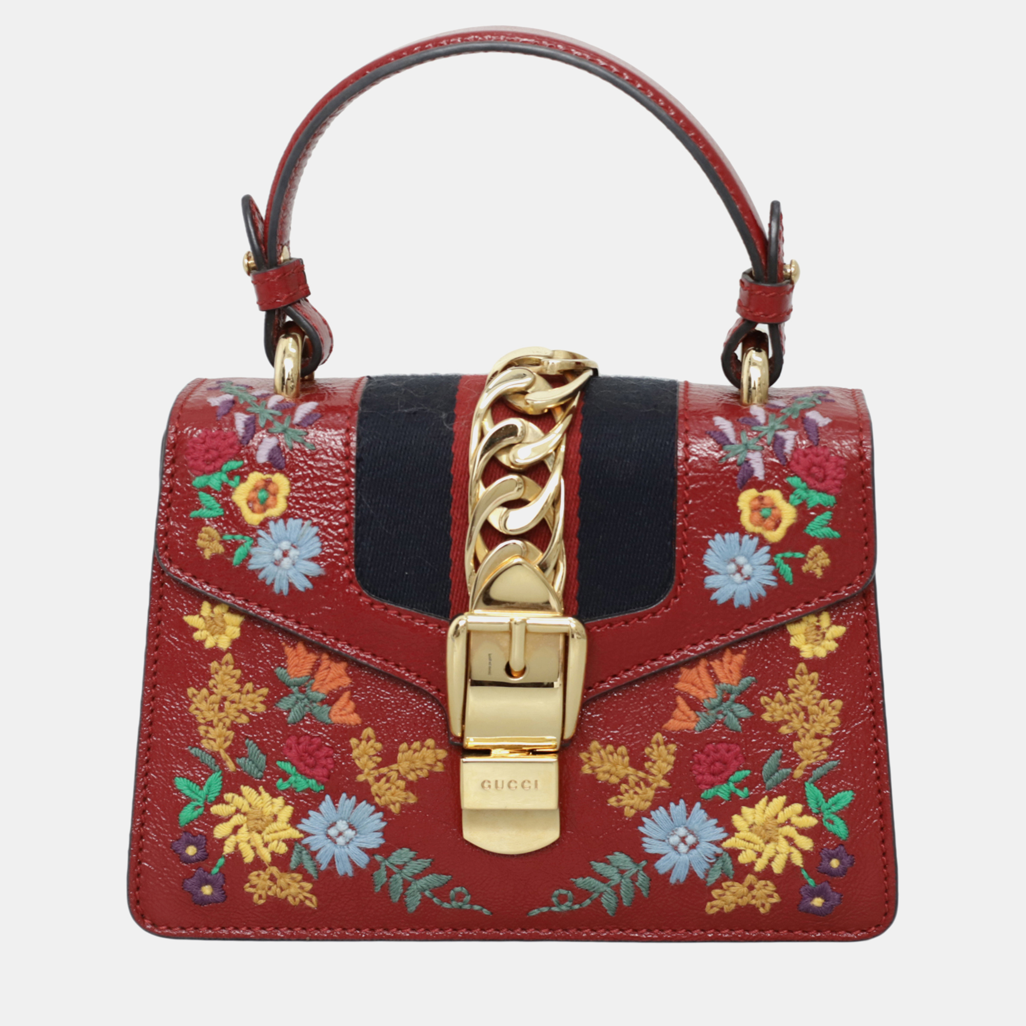 Gucci Patent Embroidered Mini Sylvie Red Top Handle Bag