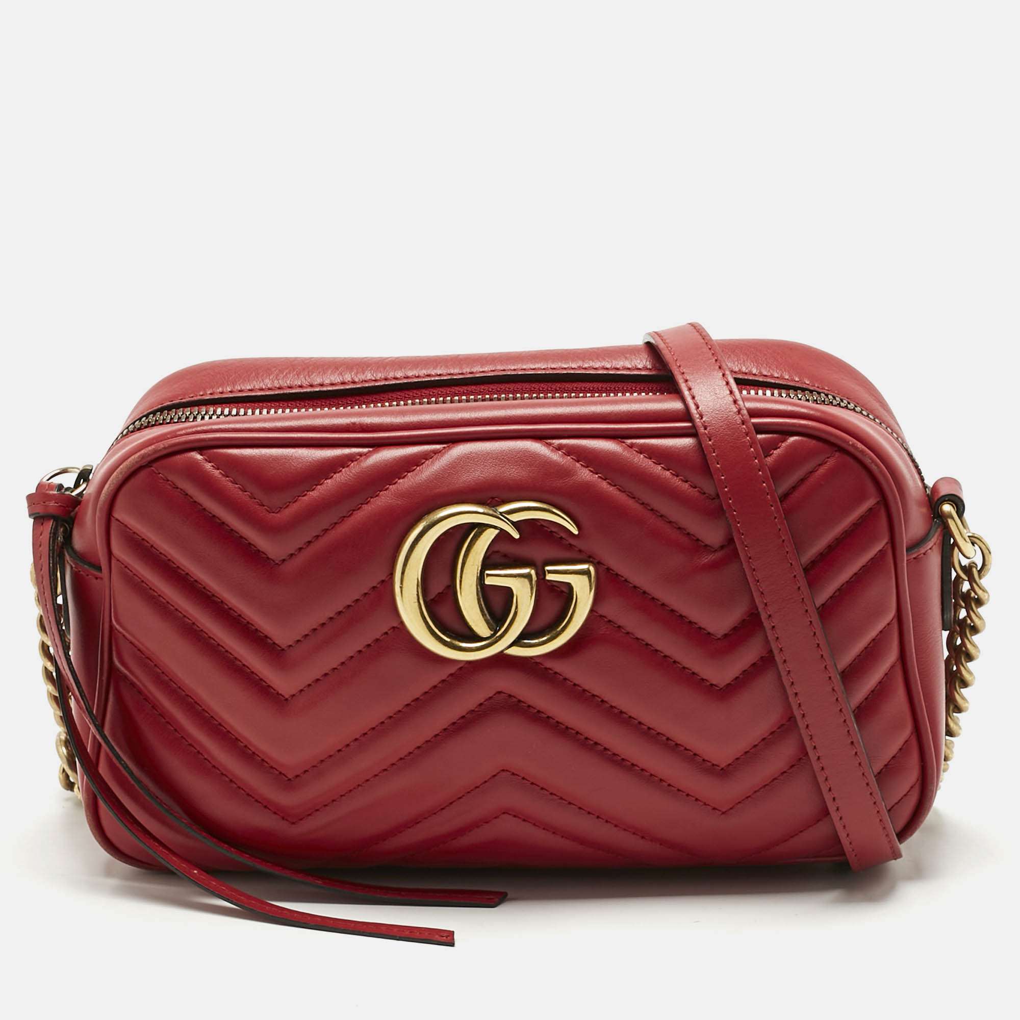 Gucci Red Matelassé Leather Small GG Marmont Camera Bag