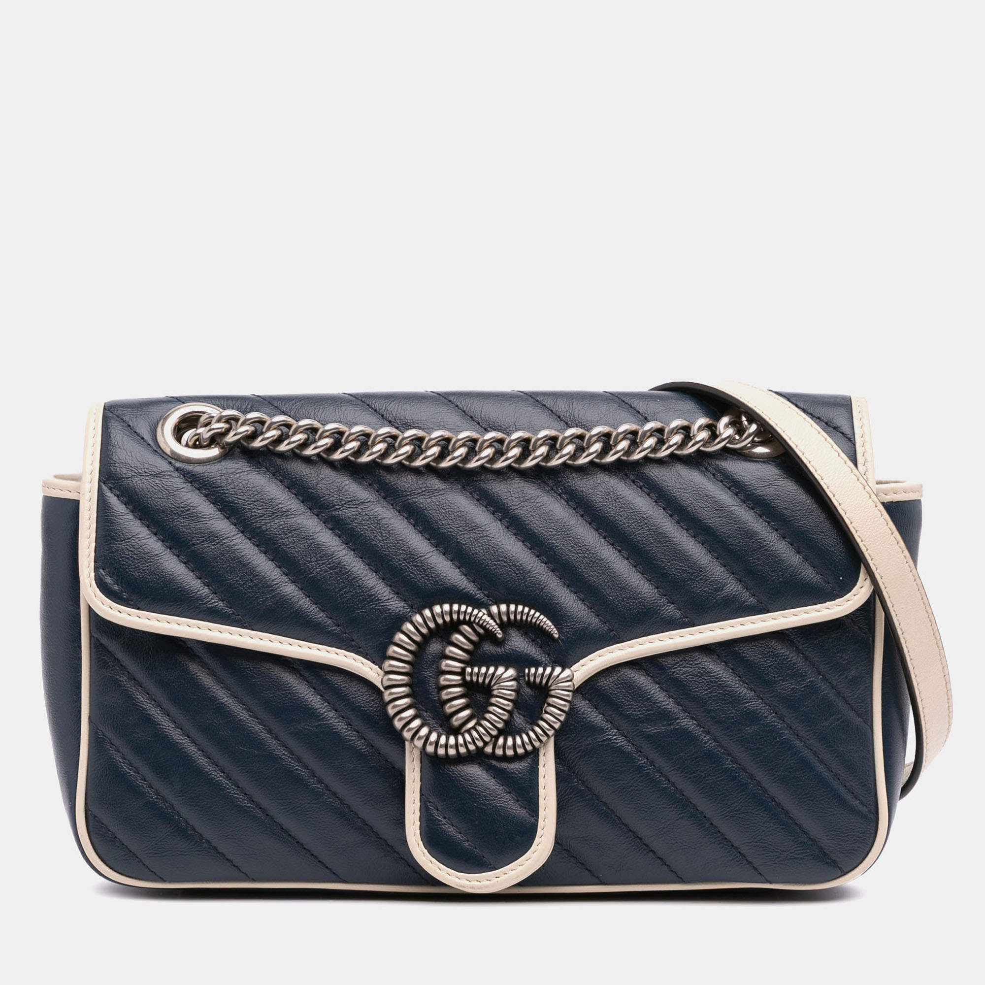 Gucci Navy Blue/White Small GG Marmont Matelasse Leather Torchon Flap Crossbody
Gucci Navy Blue/White Small GG Marmont Matelasse Leather Torchon Flap Crossbody