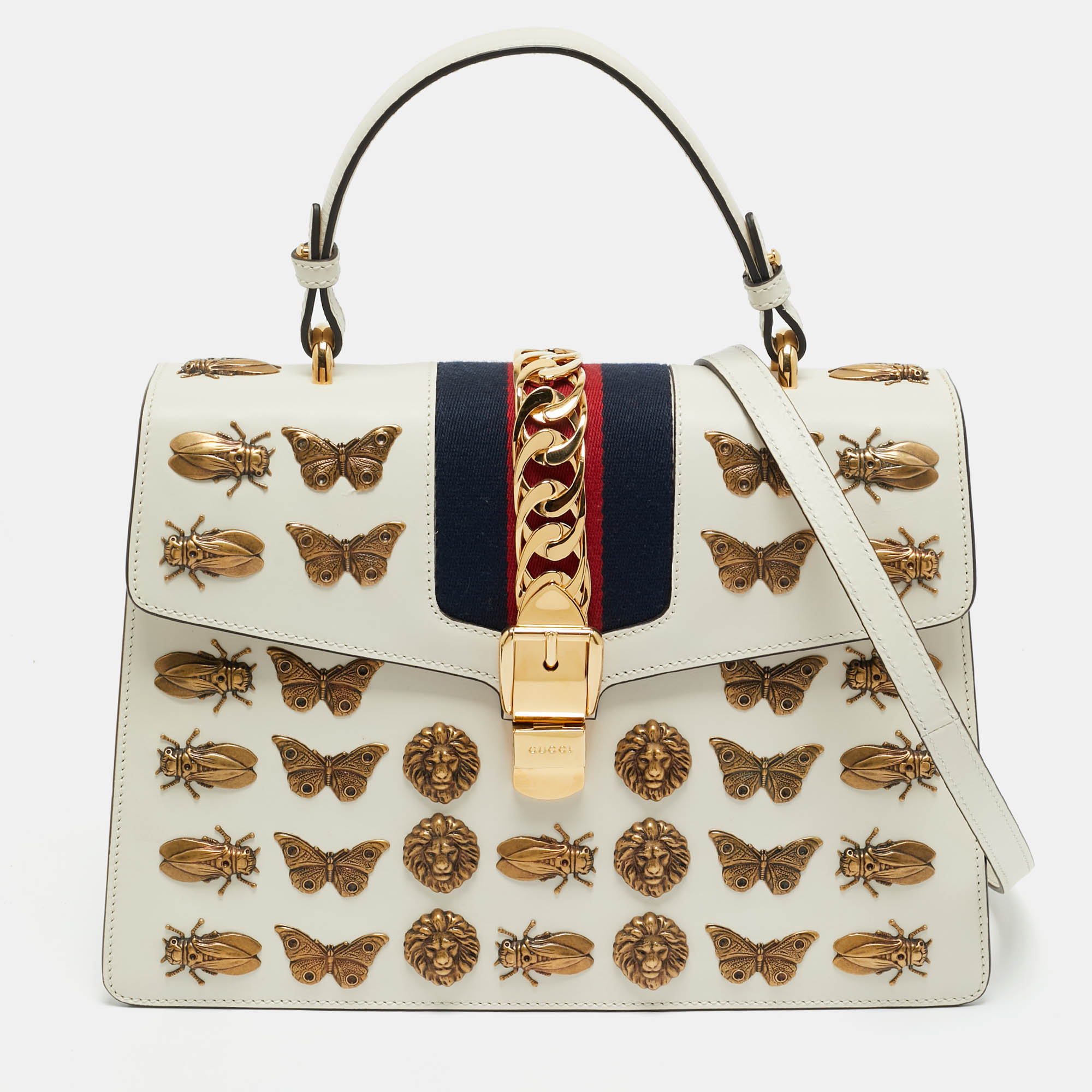Gucci Off White Leather Medium Embellished Web Sylvie Top Handle Bag - Gucci - Modalova