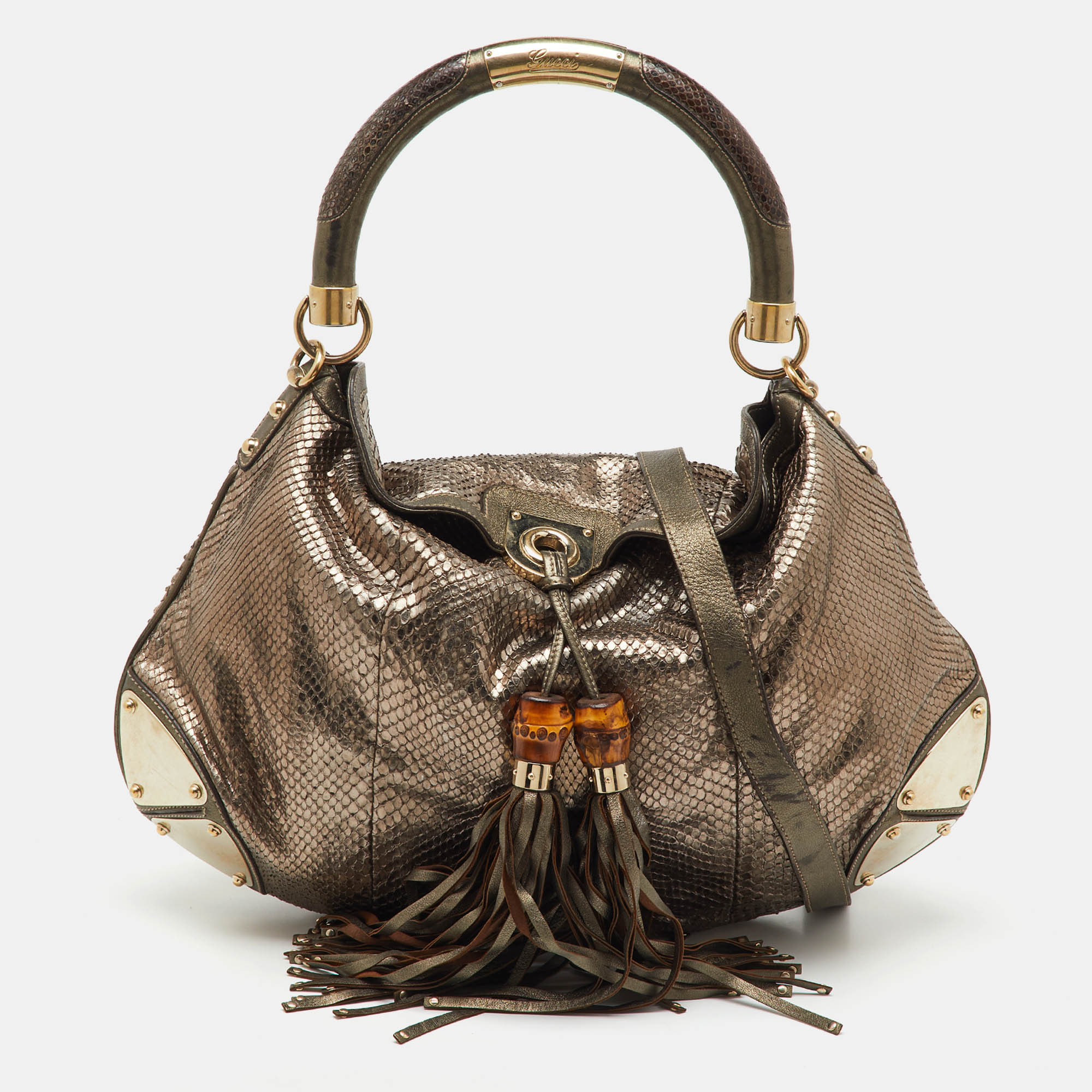 Gucci Metallic Grey Python and Leather Large Babouska Indy Top Handle Bag 
Gucci Metallic Grey Python and Leather Large Babouska Indy Top Handle Bag