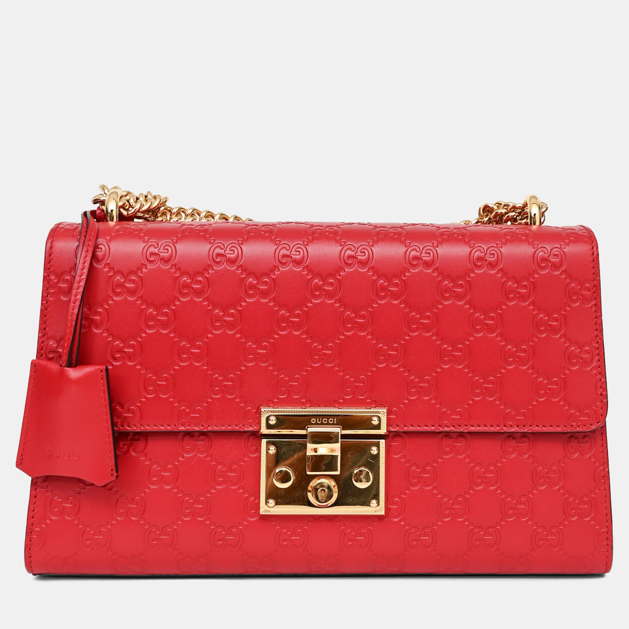 Gucci Red Leather Guccissima Medium Padlock Shoulder Bag
Gucci Red Leather Guccissima Medium Padlock Shoulder Bag