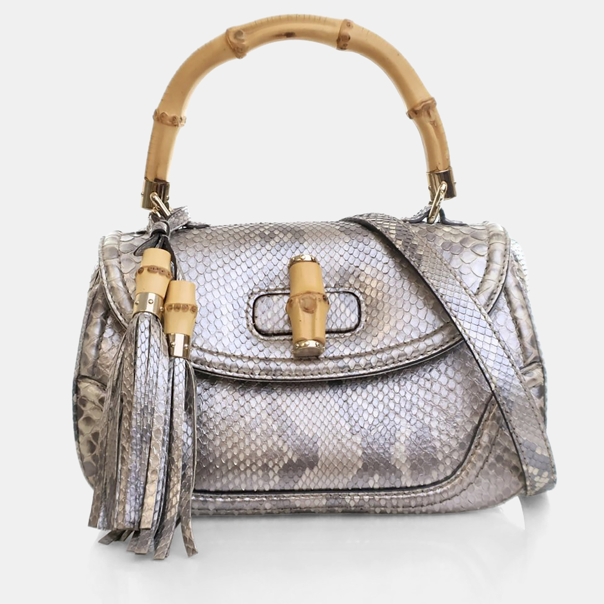 Gucci Medium Python Bamboo Top Handle Bag, Beige
Gucci Medium Python Bamboo Top Handle Bag, Beige
