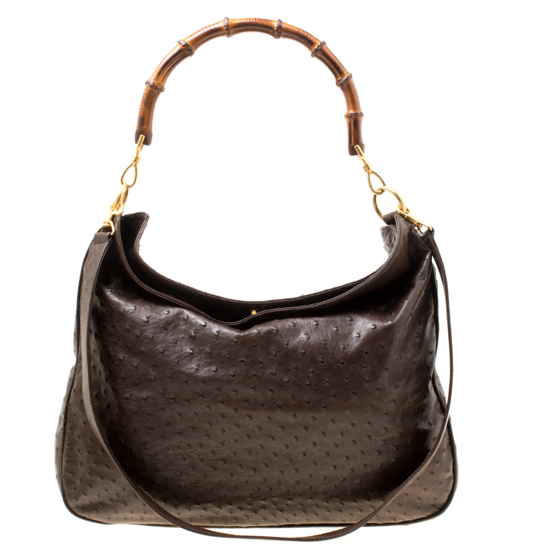 Gucci Brown Ostrich Bamboo Handle Hobo