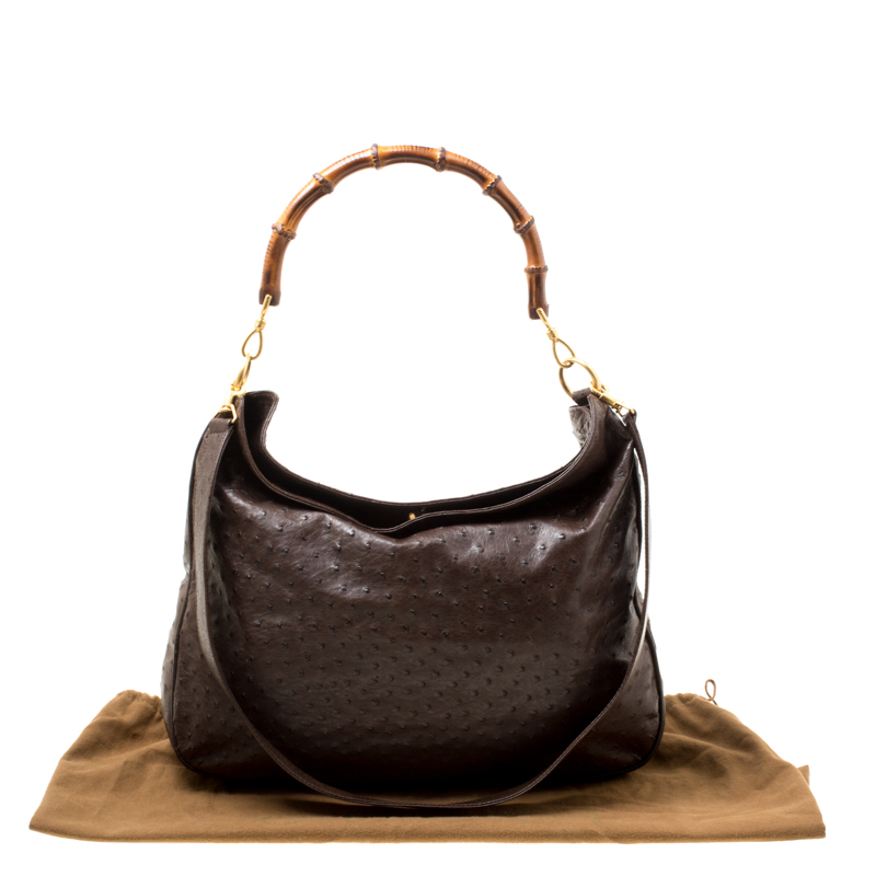 Gucci Brown Ostrich Bamboo Handle Hobo