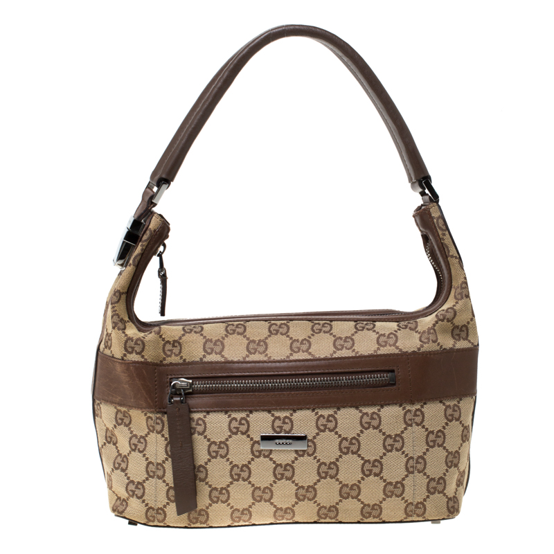 Image of Gucci Beige/Brown GG Canvas and Leather Front Zip Shoulder Bag