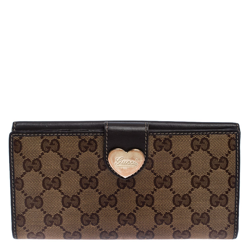 Image of Gucci Beige/Brown GG Crystal Canvas and Leather Heart Bifold Continental Wallet