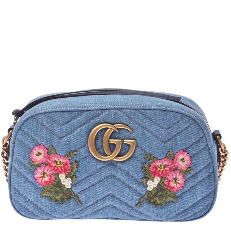 Gucci Blue GG Denim Marmont Rose Chain Shoulder Bag