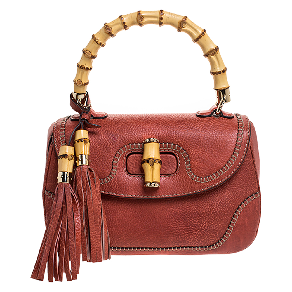 Image of Gucci Rust Leather Medium Tassel New Bamboo Top Handle Bag