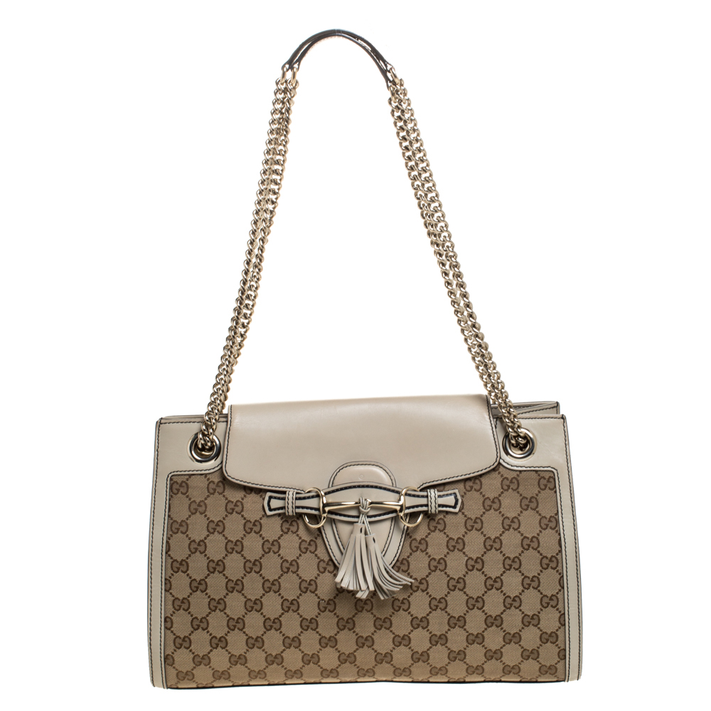 Image of Gucci Beige GG Canvas and Leather Large Emily Chain Shoulder Bag