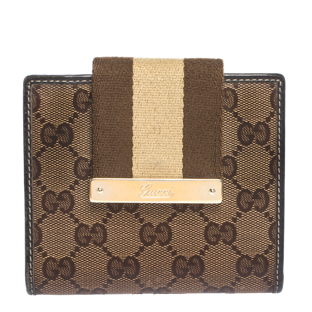 Image of Gucci Beige/Brown GG Crystal Canvas Web Flap French Wallet