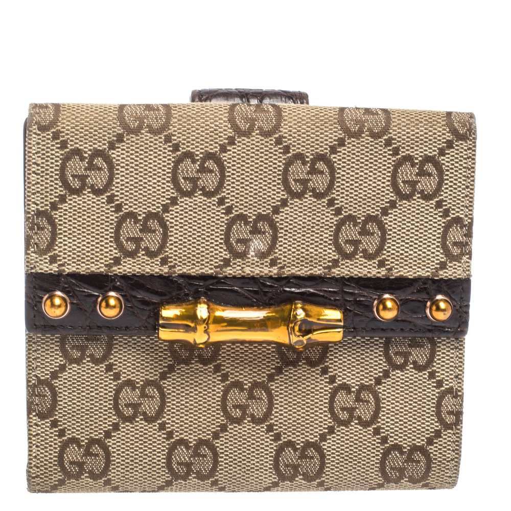 Image of Gucci Beige/Ebony GG Canvas Studs Bamboo Bar Compact Wallet