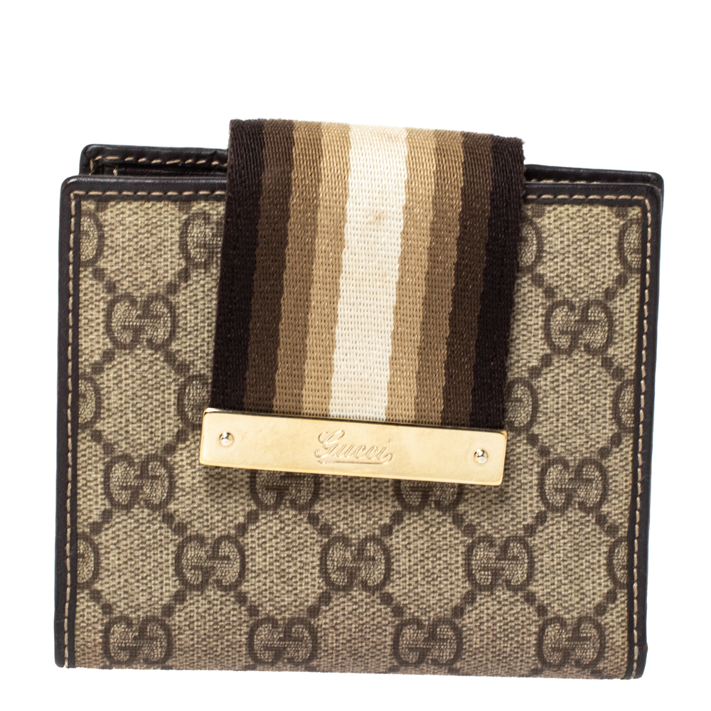 Image of Gucci Beige/Brown GG Supreme Canvas Web Flap French Wallet