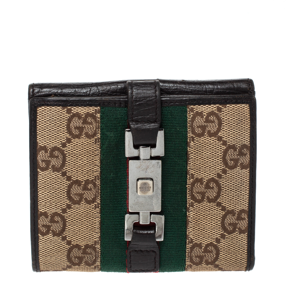 Image of Gucci Beige/Dark Brown GG Canvas and Leather Web Compact Wallet