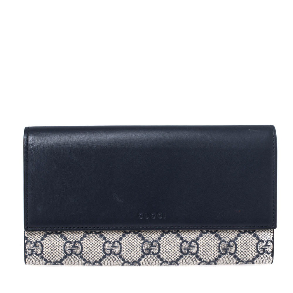 Image of Gucci Beige/Blue GG Supreme Canvas and Leather Flap Wallet