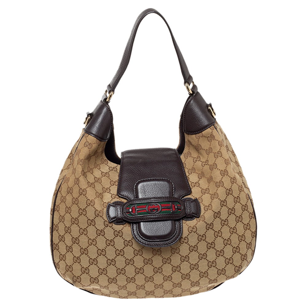 Image of Gucci Beige/Brown GG Canvas and Leather Dressage Hobo