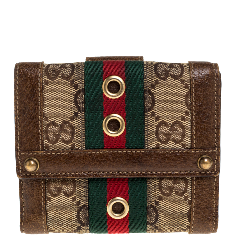 Image of Gucci Beige/Brown GG Canvas and Leather Web Compact Wallet