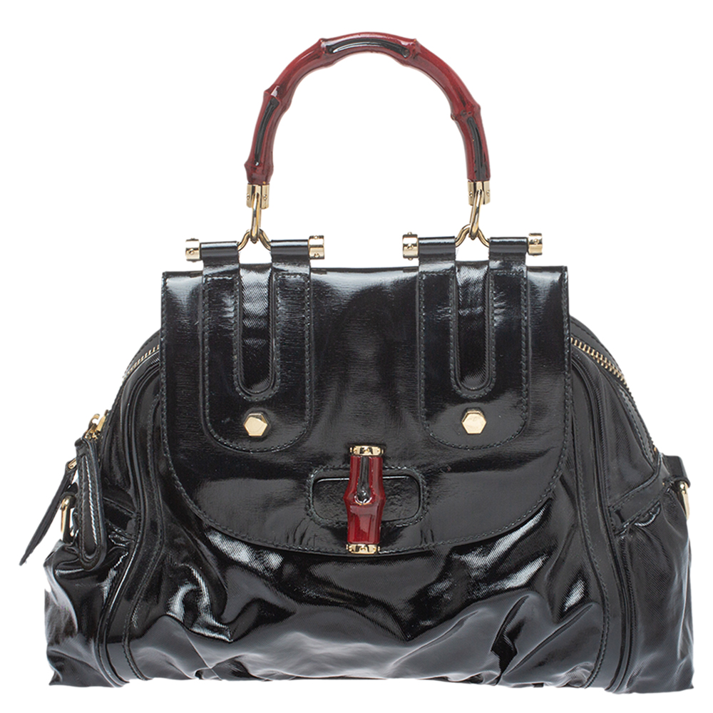 Image of Gucci Black Coated Nylon and Patent Leather Dialux Pop Bamboo Top Handle Bag