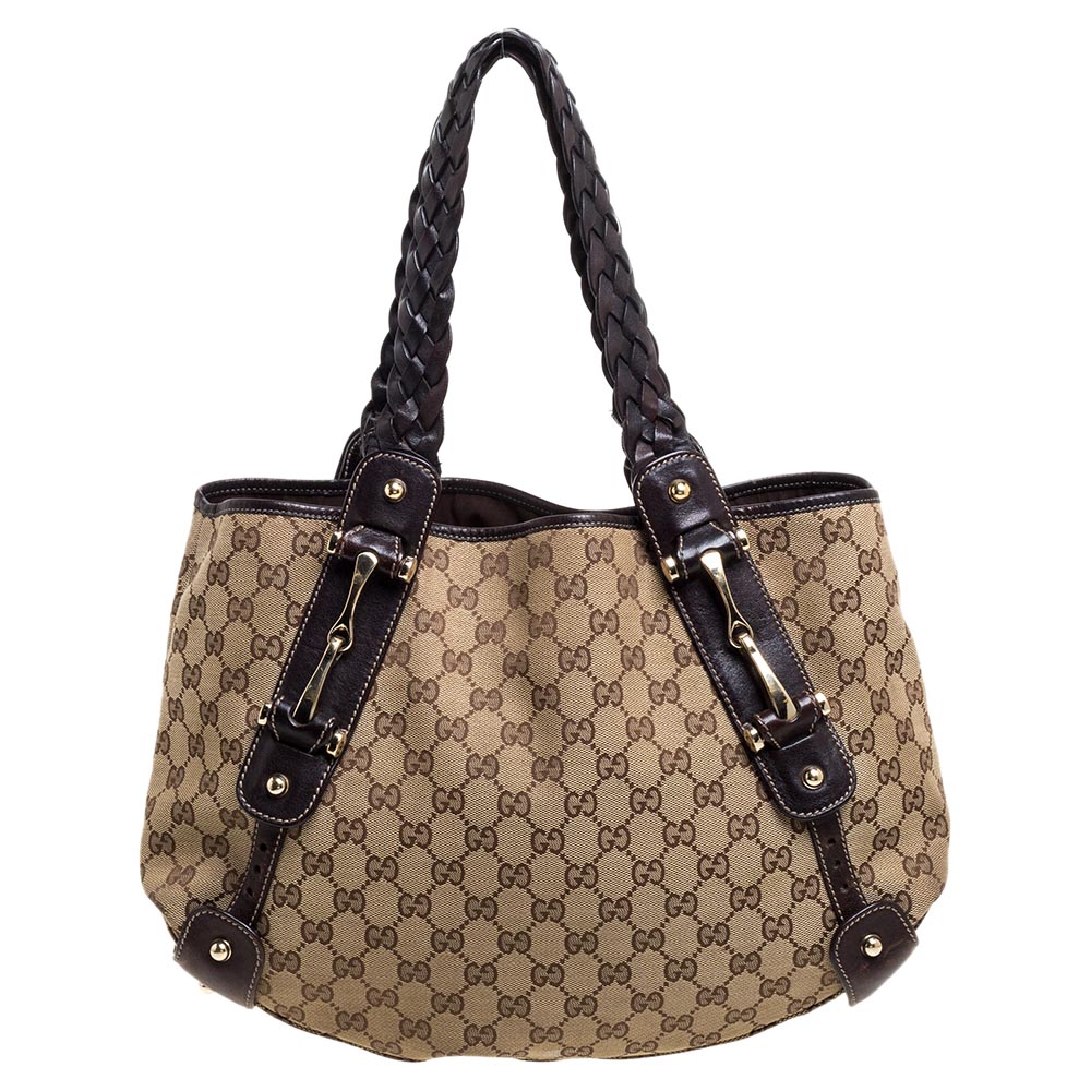 Image of Gucci Beige/Black GG Canvas and Leather Medium Pelham Shoulder Bag