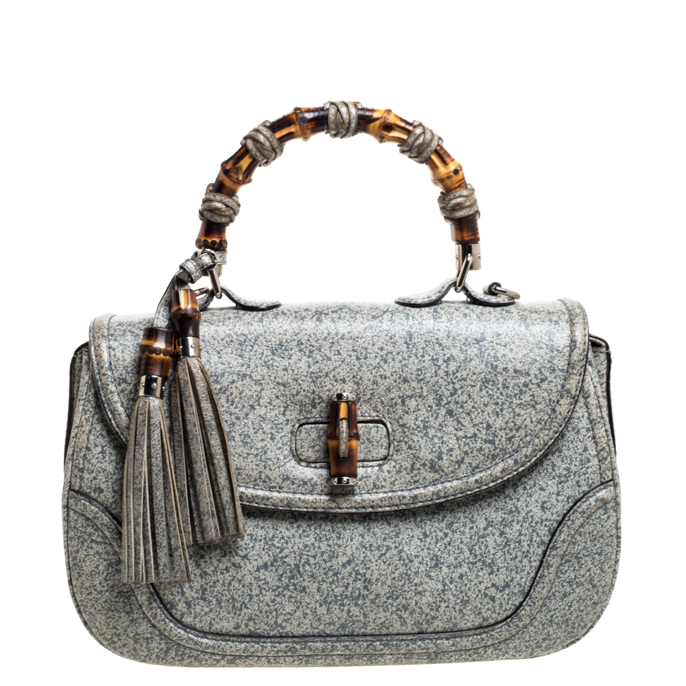 Image of Gucci Ash Blue/Grey Speckled Leather Large New Bamboo Top Handle Bag