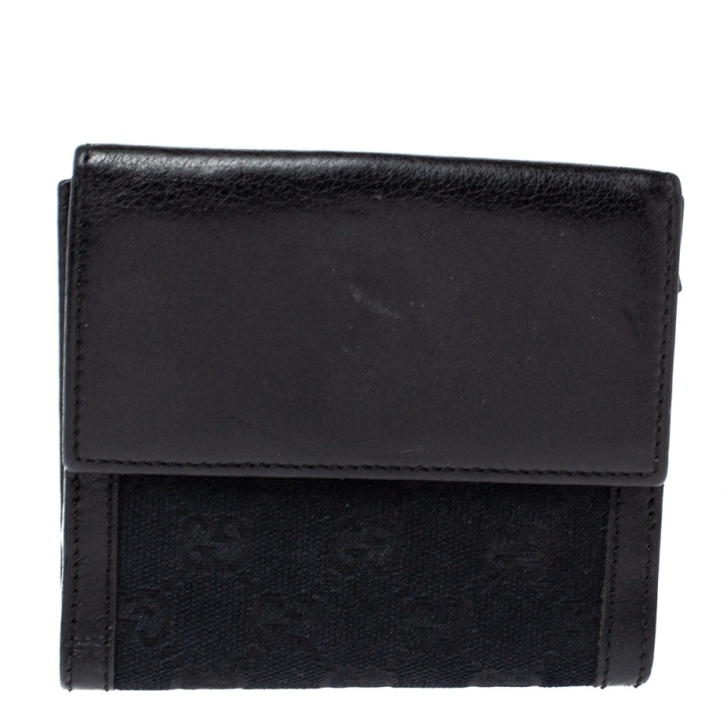Gucci Black GG Canvas And Leather G French Compact Wallet