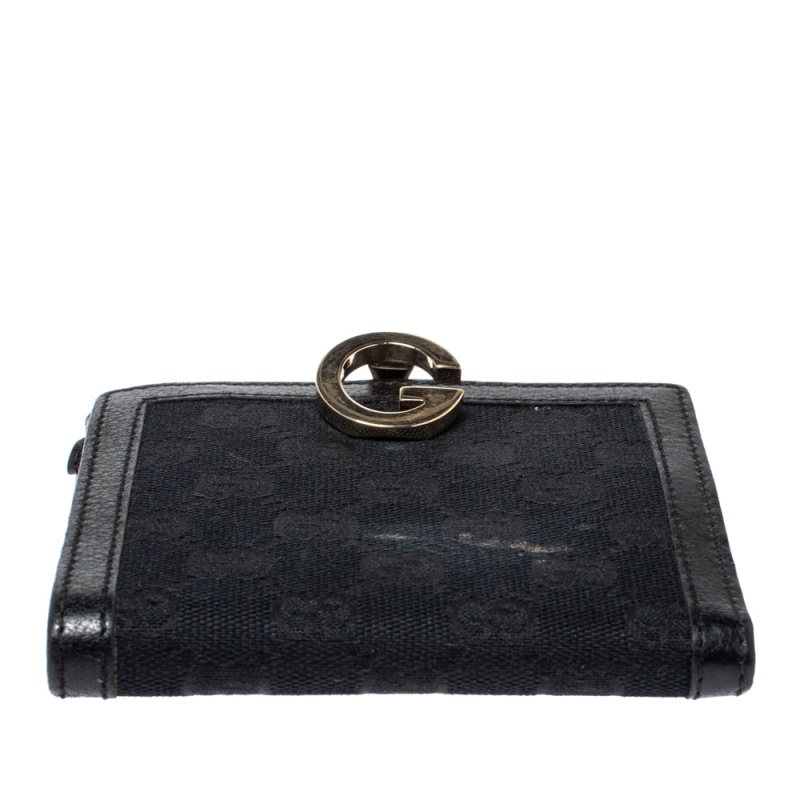 Gucci Black GG Canvas And Leather G French Compact Wallet