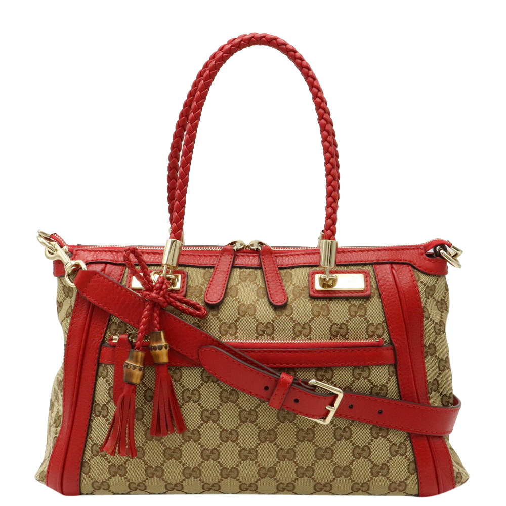 Image of Gucci Brown/Red GG Canvas Leather trim Bella Convertible Tote Bag