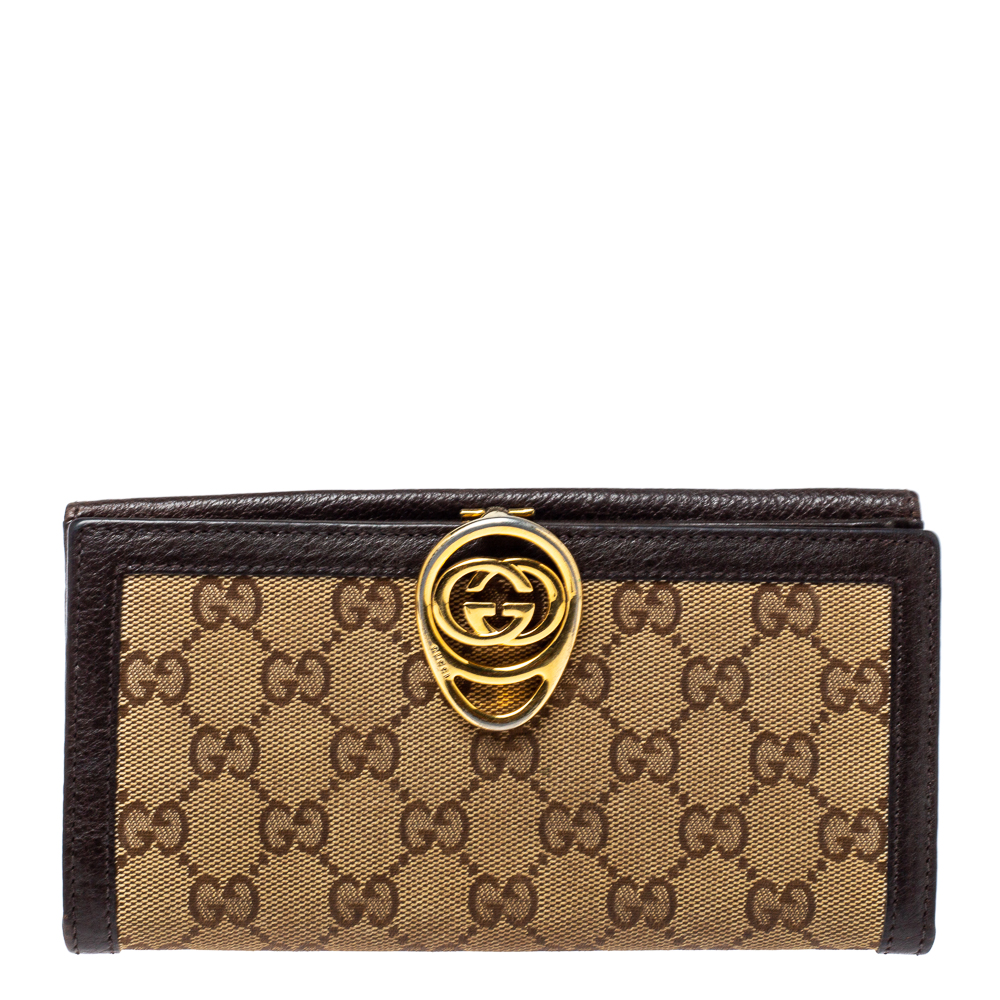 Image of Gucci Beige/Brown GG Canvas and Leather G Interlocking Continental Wallet