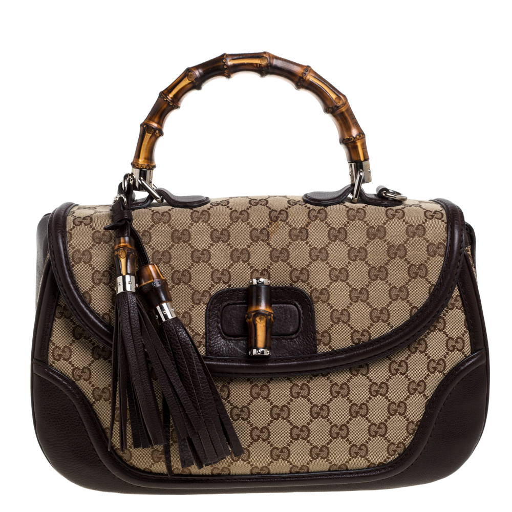 Image of Gucci Beige/Brown Canvas and Leather Large New Bamboo Tassel Top Handle Bag
