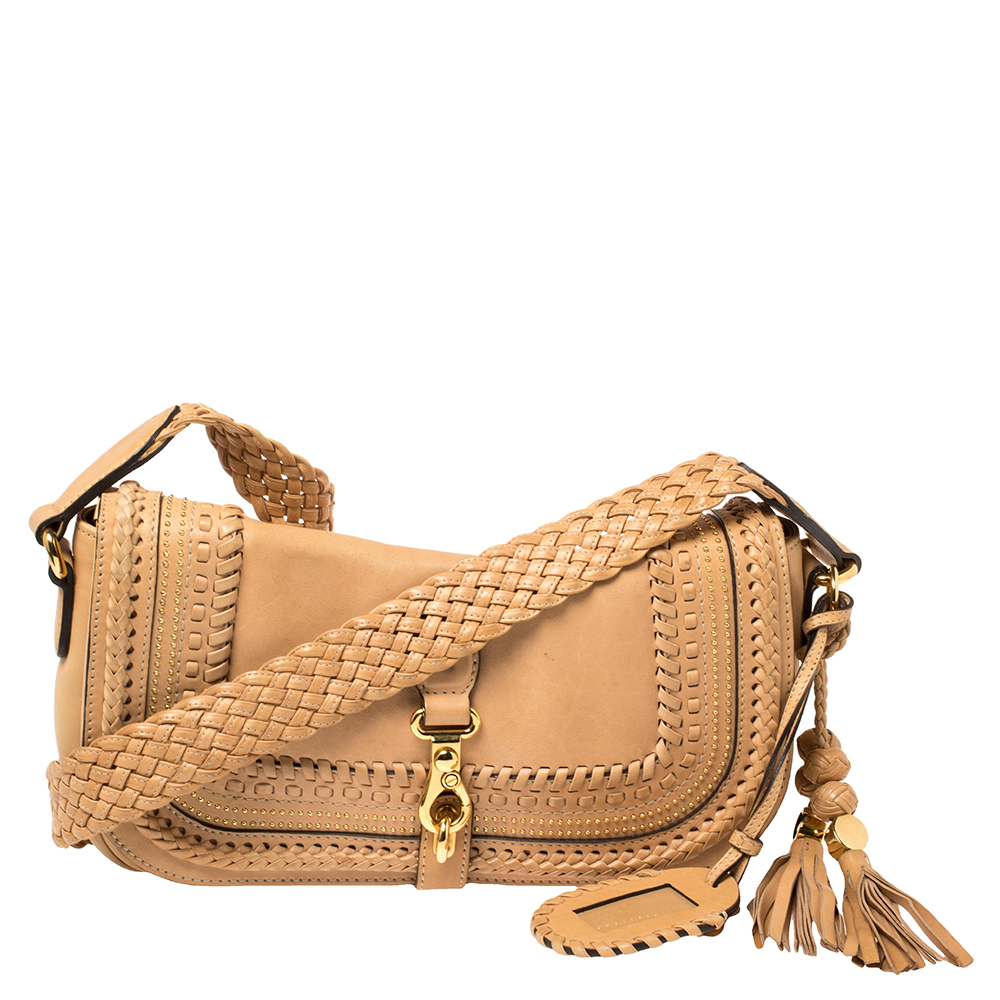 Gucci Beige Leather Braided Handle Tassel Shoulder Bag