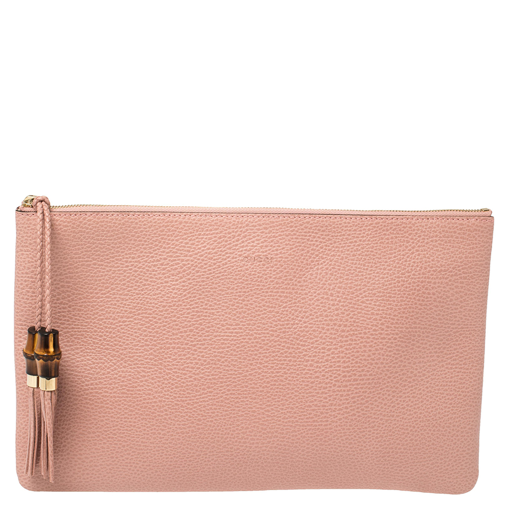 Gucci Pink Leather Bamboo Braided Tassel Zip Clutch