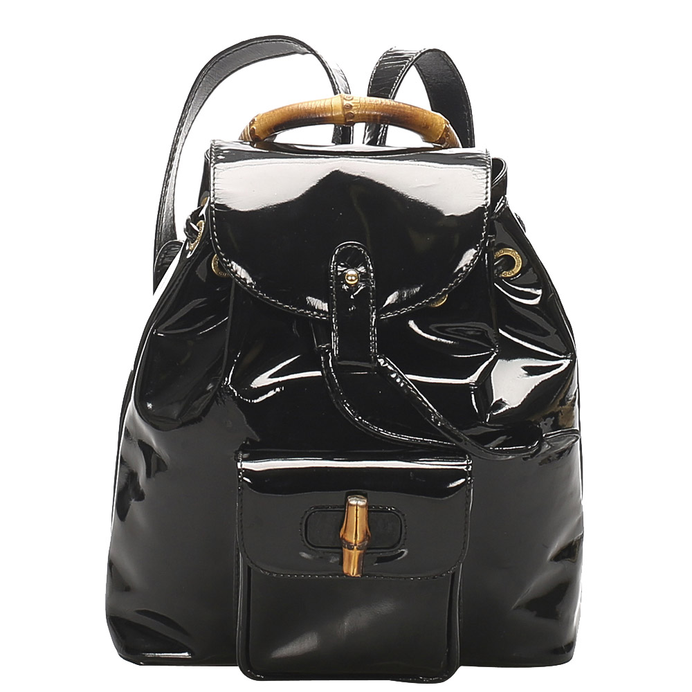 Gucci Black Patent Leather Bamboo Drawstring Backpack