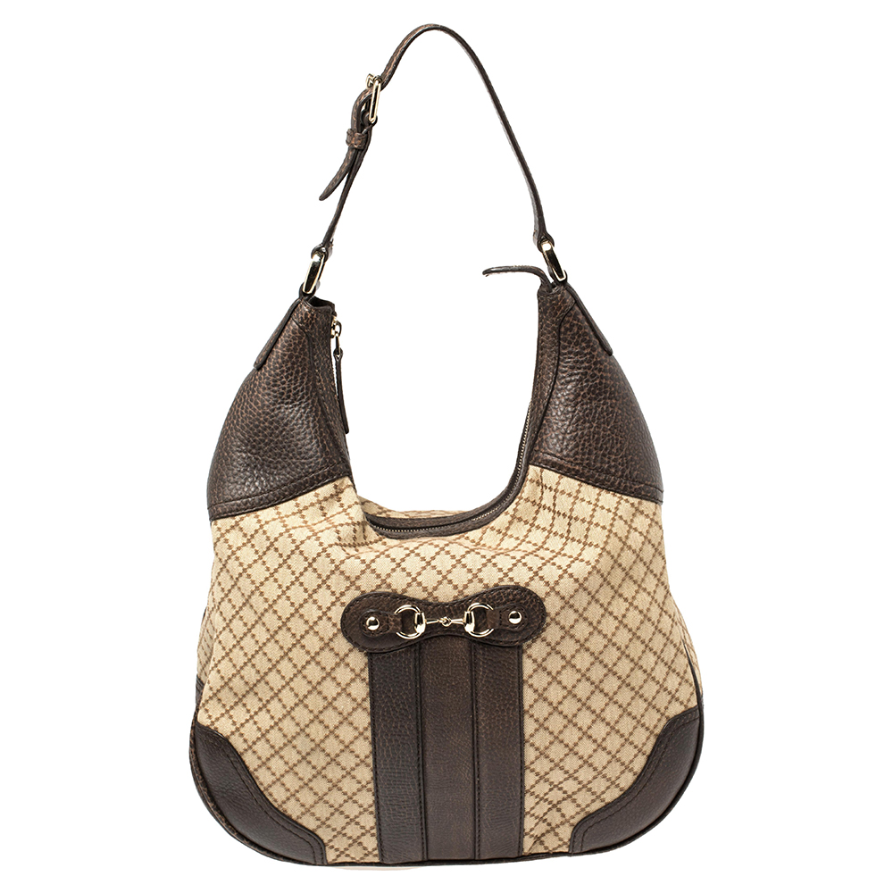 Gucci Brown/Beige Diamante Canvas and Leather Catherine Hobo