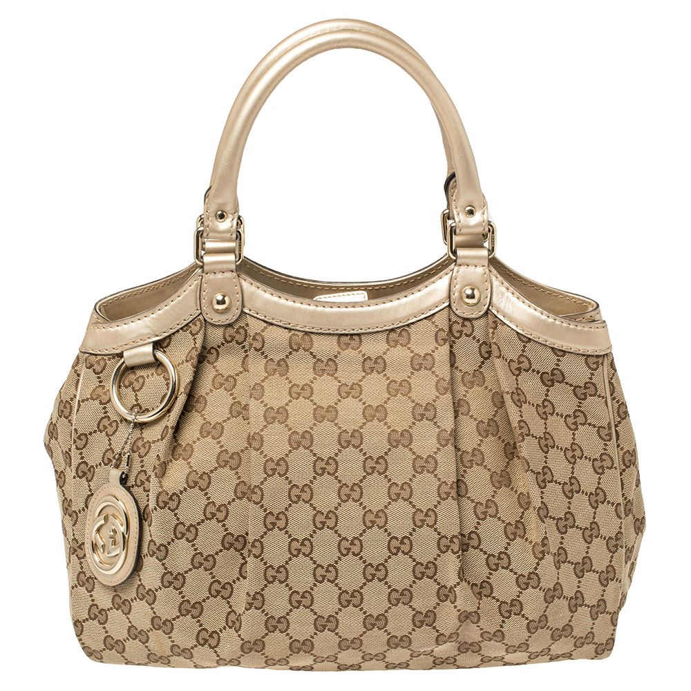 Gucci Beige/Gold GG Canvas and Leather Medium Sukey Tote