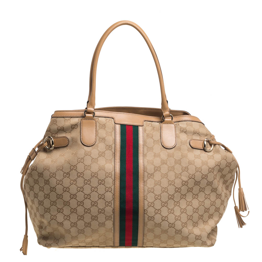 Gucci Beige GG Canvas And Leather Web Tote