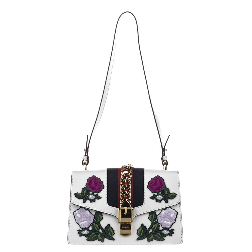 Gucci White Embroidered Sylvie Leather Shoulder Bag