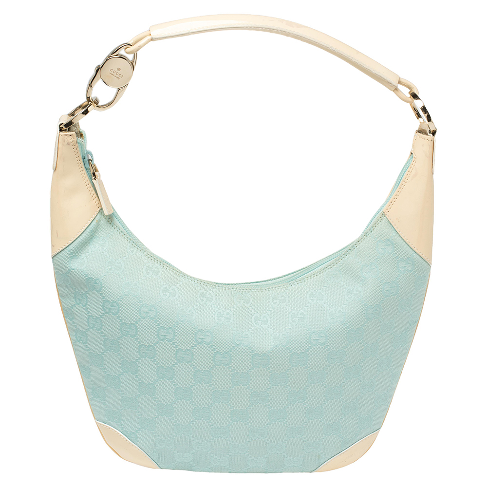 Gucci Light Blue/Cream GG Canvas And Patent Leather Hobo