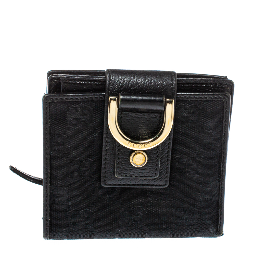 Gucci Black GG Canvas and Leather D Ring Compact Wallet