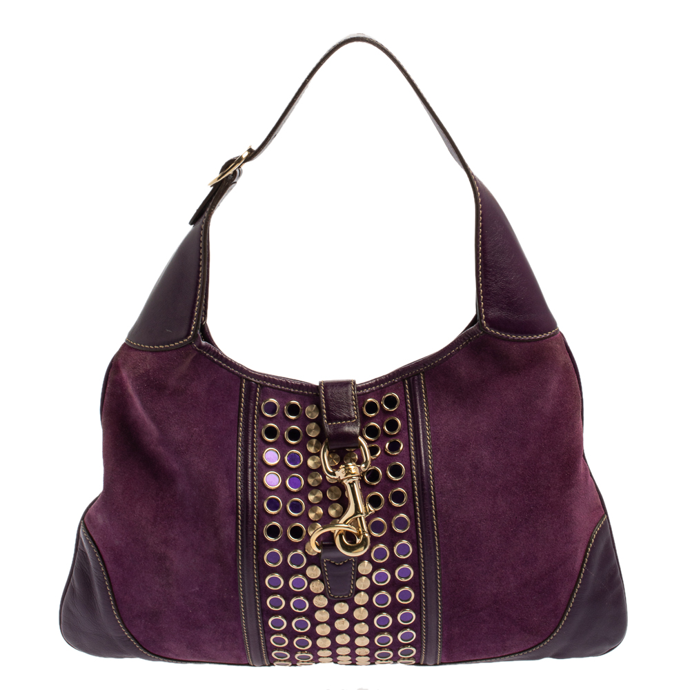 Gucci Purple Suede and Leather Embellished Jackie O Bouvier Hobo