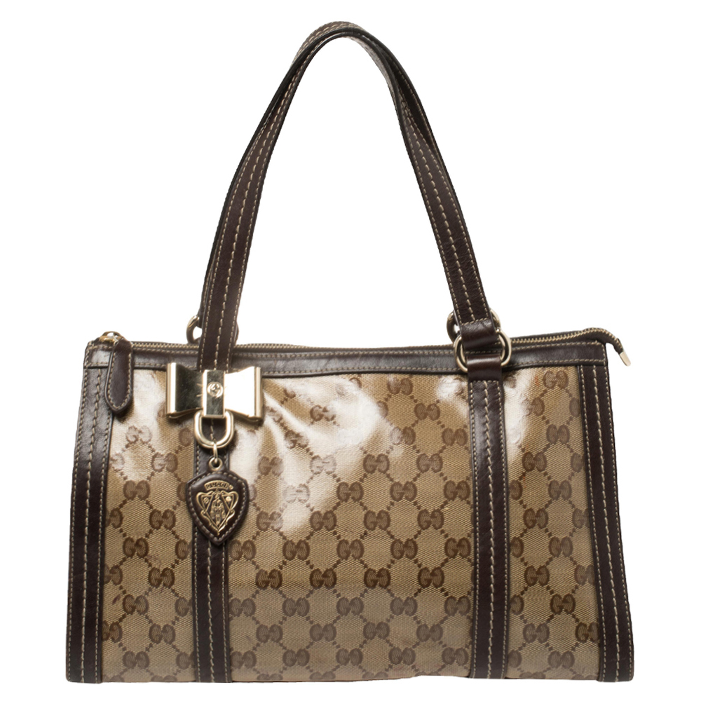 Gucci Ebony/Beige GG Crystal Canvas and Leather Duchessa Tote