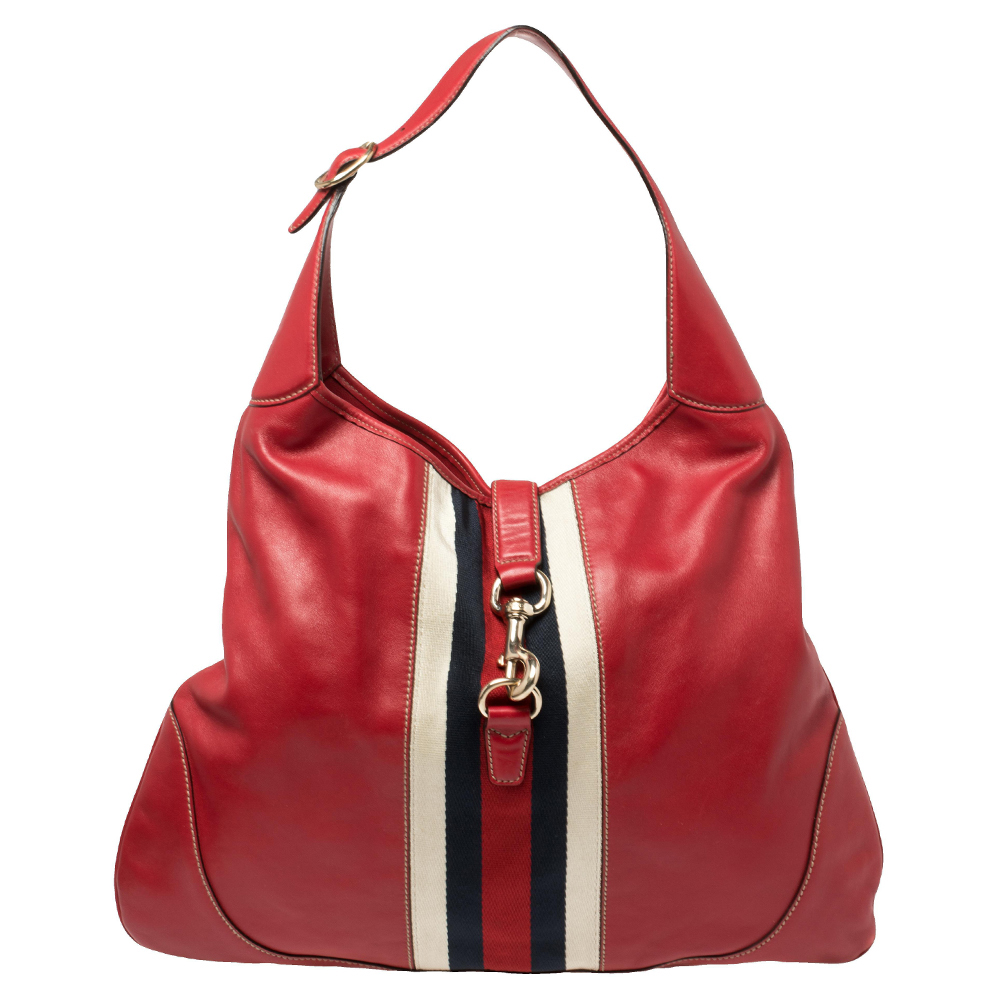 Gucci Red Leather And Canvas Web Jackie O Bouvier Hobo