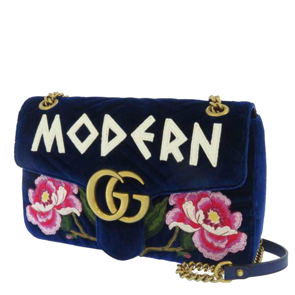 Gucci Blue Matelasse Velvet Embroidered GG Marmont Crossbody Bag