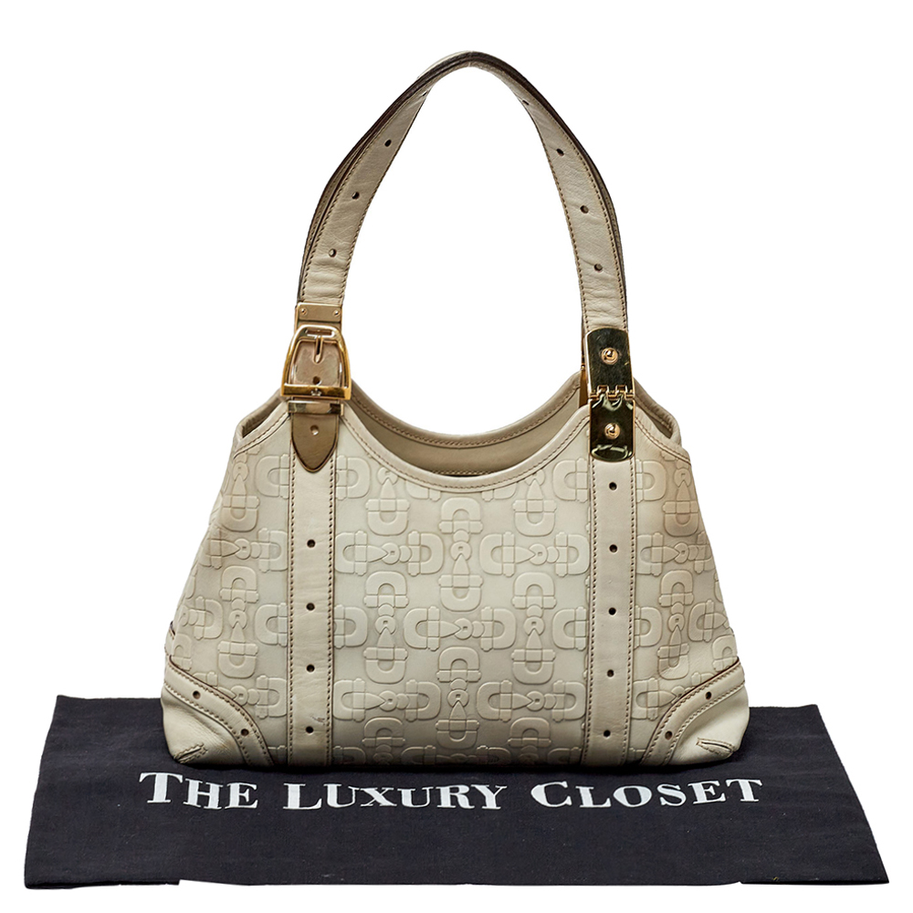 Gucci White Leather Horsebit Embossed Tote