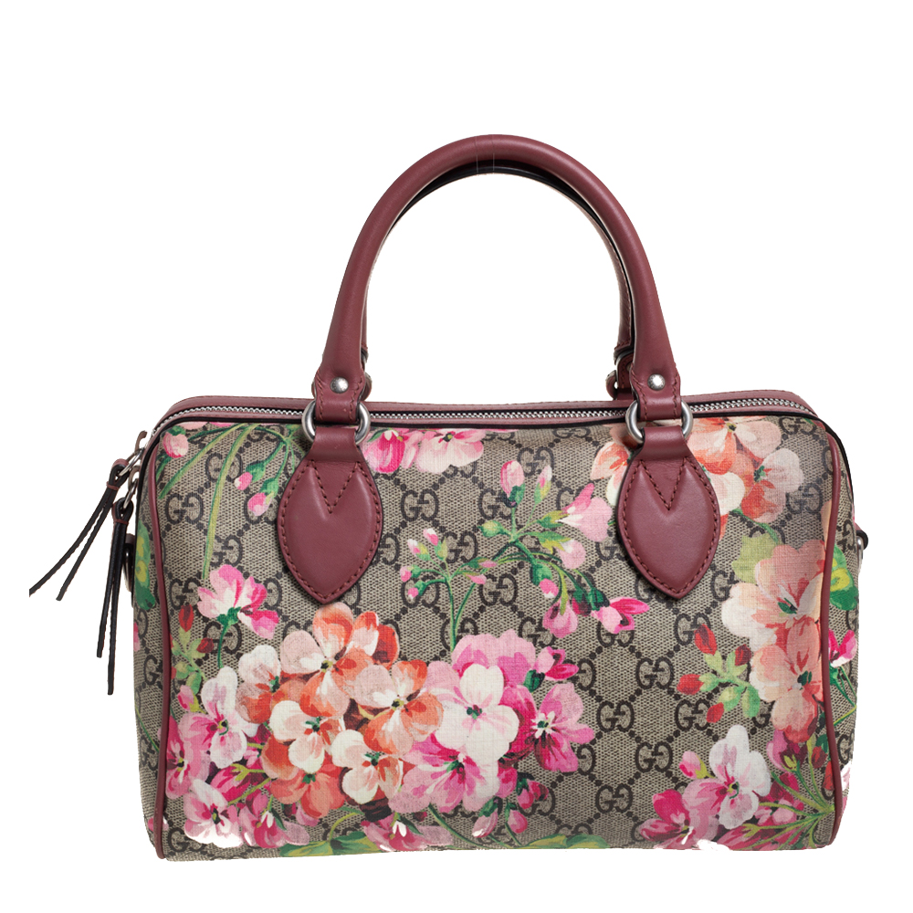 Gucci Pink/Beige GG Blooms Supreme Canvas and Leather Boston Bag