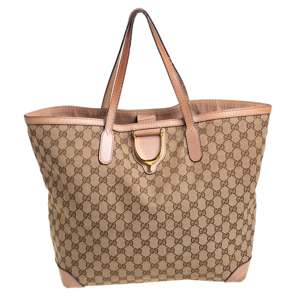 Gucci Beige GG Canvas and Leather Large D Ring Tote