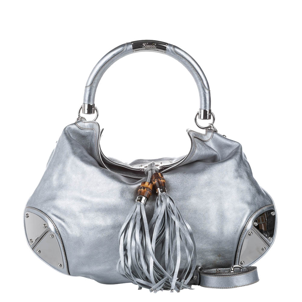 Gucci Silver Leather Bamboo Indy Hobo Bag