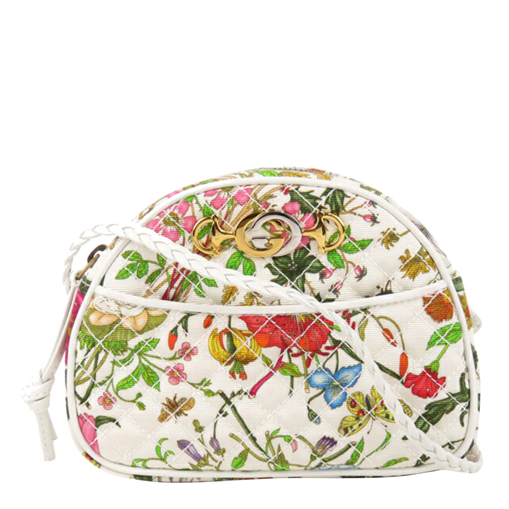 Gucci Flora Trapuntata White Canvas Fabric Shoulder Bag