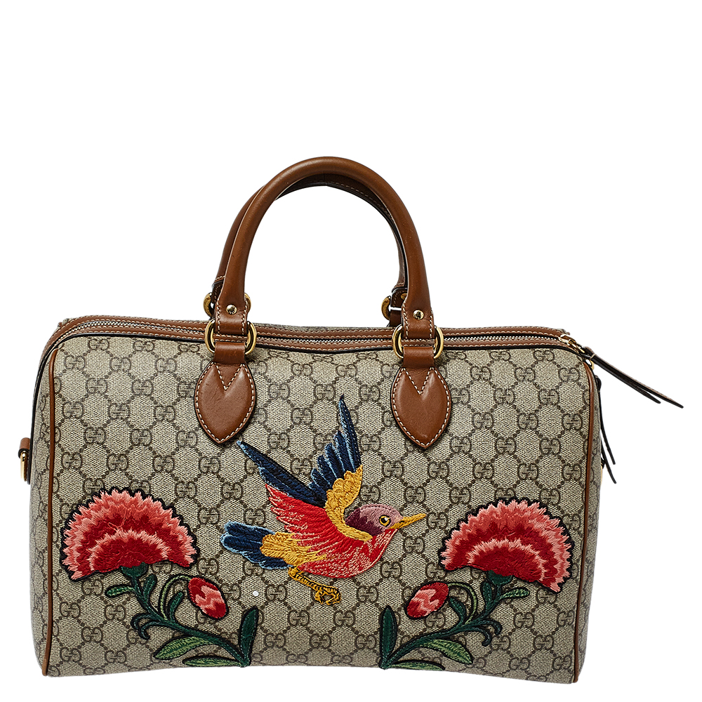 Gucci Beige/Brown GG Supreme Canvas and Leather Limited Edition Floral Boston Bag