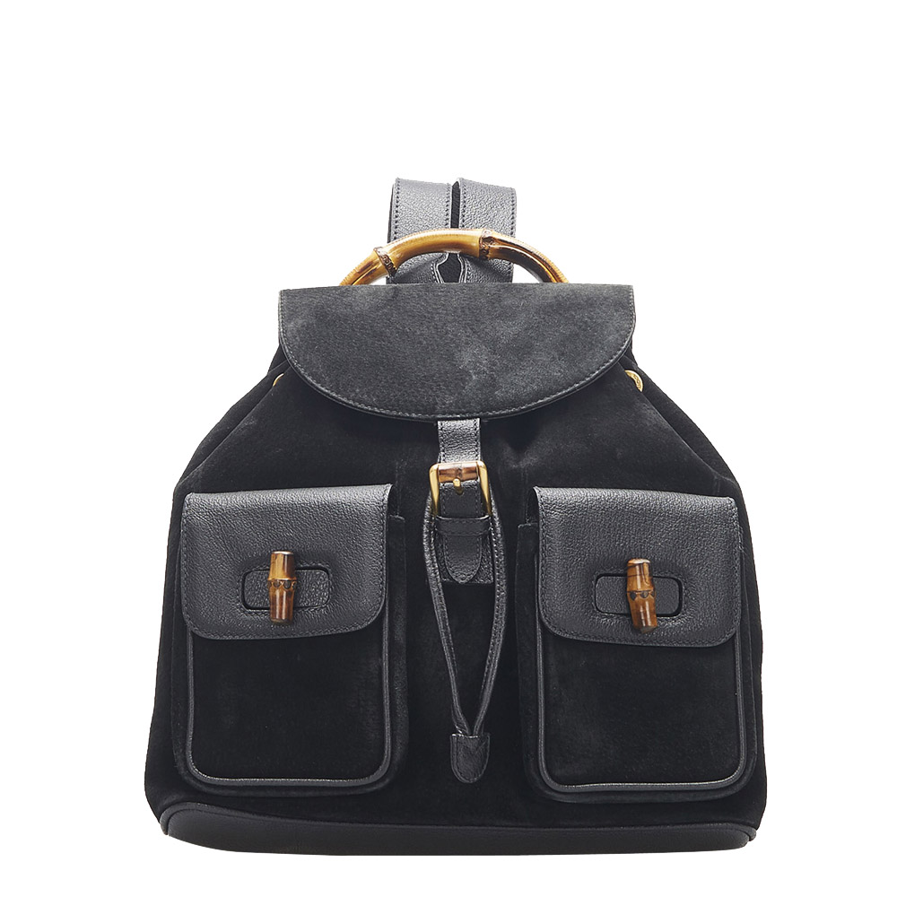 Gucci Black Leather and Suede Bamboo Drawstring Backpack